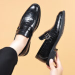 Men’s Brown&Black Crocodile-Embossed Patent Leather Oxford Dress Shoes